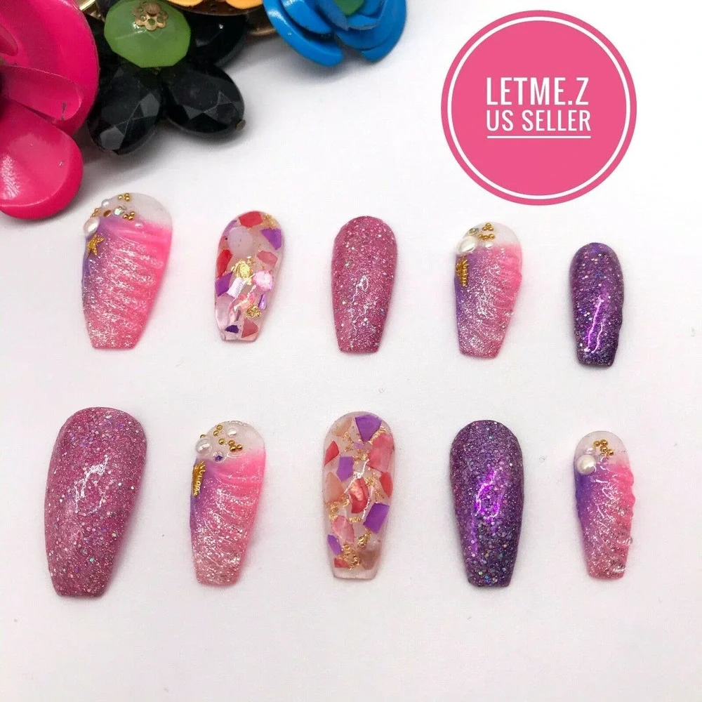 Press‎ on Nails Glue On Long Coffin 3D Mermaid Pink